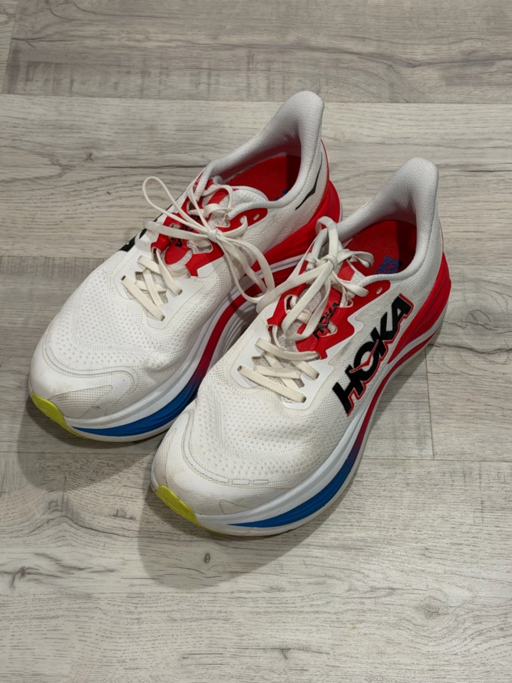 Hoka Skyward X sz 10 D White Red Running Shoes with Blue Accents
